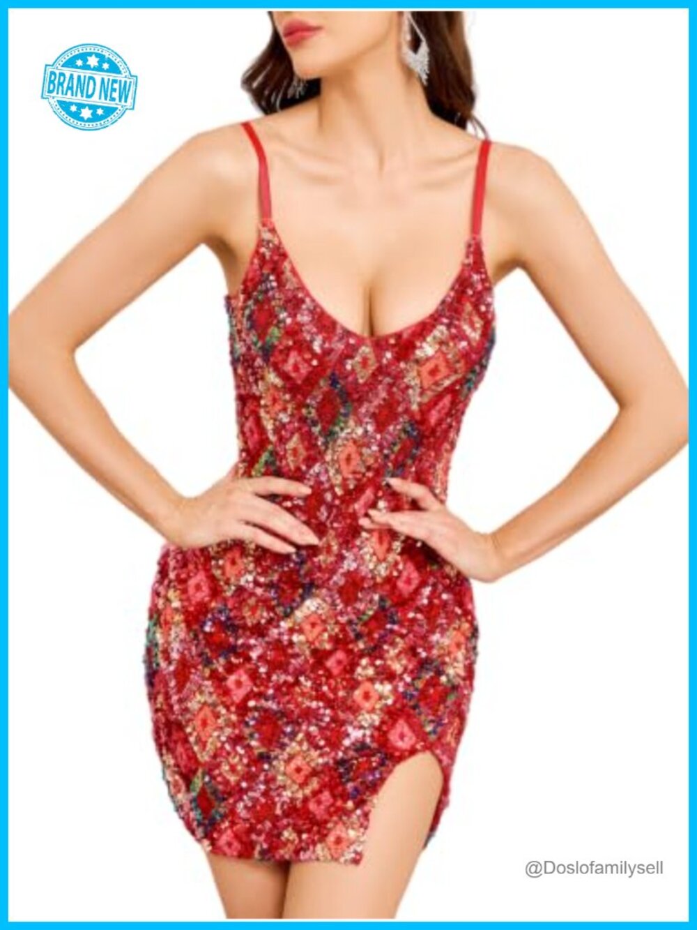 Sequin Mini Dress V Neck Adjustable Spaghetti Strap Bodycon Party Club